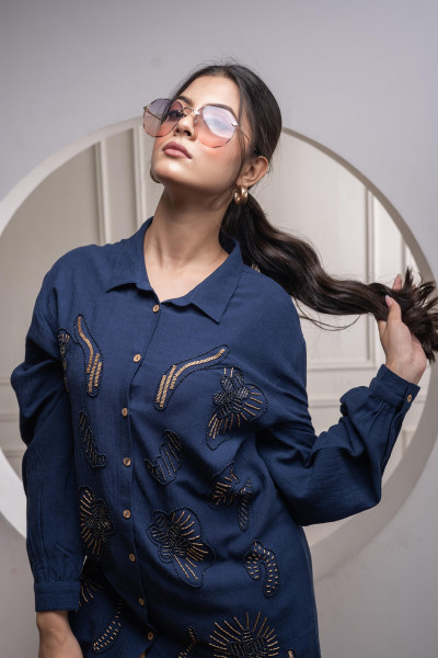 Navy Solid Viscose Shirt with Beads and Sequence Work