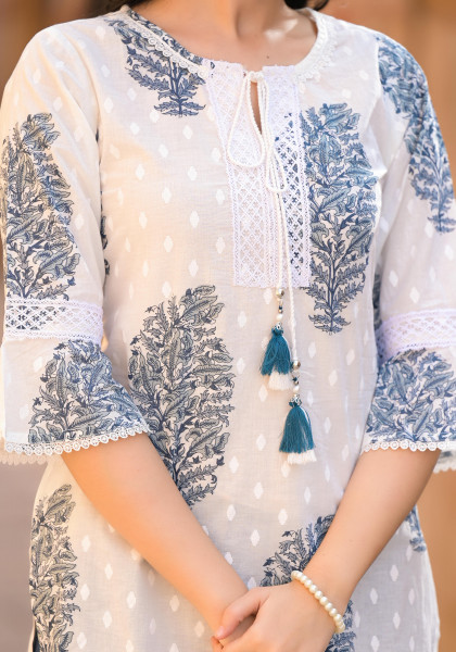 White Floral Printed Cotton Tunic With Tassels & Dori