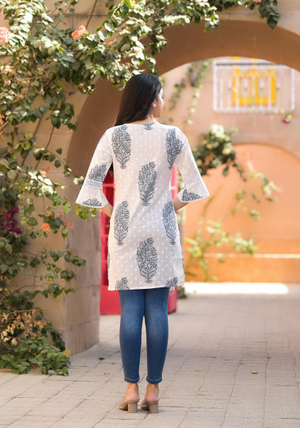 White Floral Printed Cotton Tunic With Tassels & Dori