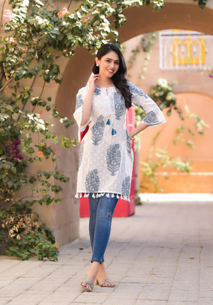 White Floral Printed Cotton Tunic With Tassels & Dori