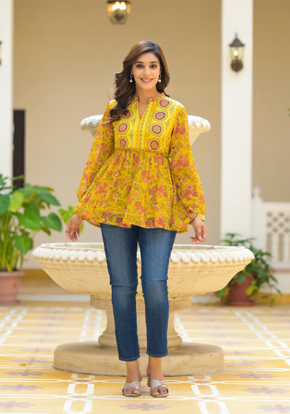 Lime Green  Floral Printed Chiffon Tunic