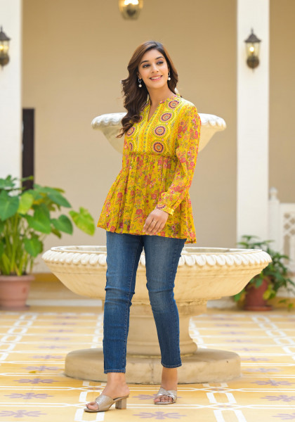 Lime Green  Floral Printed Chiffon Tunic