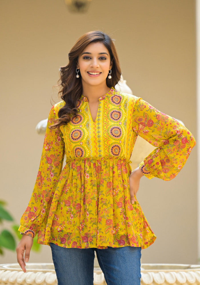 Lime Green  Floral Printed Chiffon Tunic