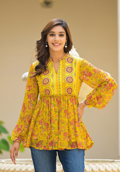 Lime Green  Floral Printed Chiffon Tunic