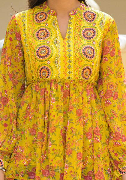 Lime Green  Floral Printed Chiffon Tunic