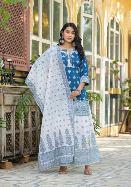 Indigo Ethnic Motif Printed Cotton Kurta & Palazzo Set With Mirror Work
