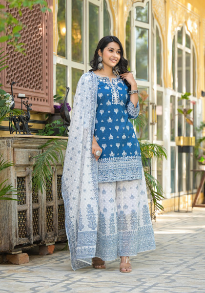Indigo Ethnic Motif Printed Cotton Kurta & Palazzo Set With Mirror Work