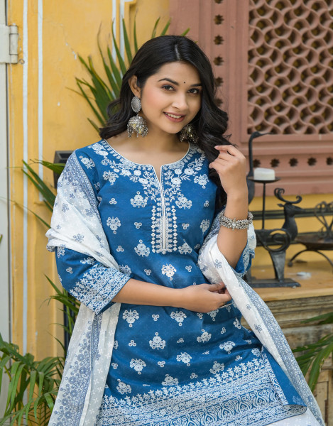 Indigo Ethnic Motif Printed Cotton Kurta & Palazzo Set With Mirror Work