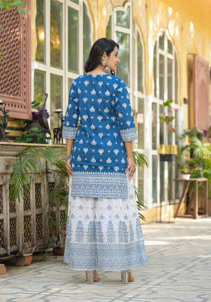 Indigo Ethnic Motif Printed Cotton Kurta & Palazzo Set With Mirror Work