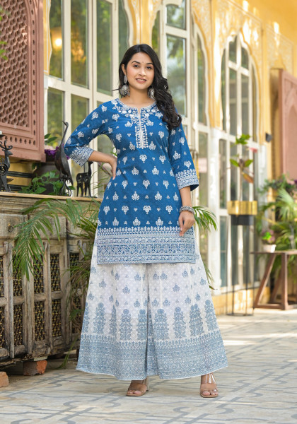 Indigo Ethnic Motif Printed Cotton Kurta & Palazzo Set With Mirror Work