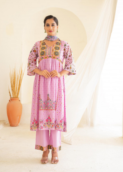 Lavender Floral Print Kurta Pant and Dupatta Set with Sequins, Beads, and Mirror Work