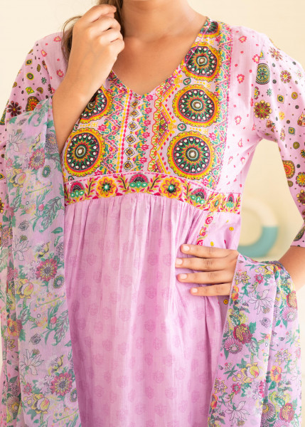 Lavender Floral Print Kurta Pant and Dupatta Set with Sequins, Beads, and Mirror Work