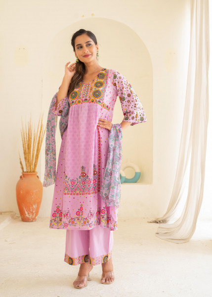 Lavender Floral Print Kurta Pant and Dupatta Set with Sequins, Beads, and Mirror Work