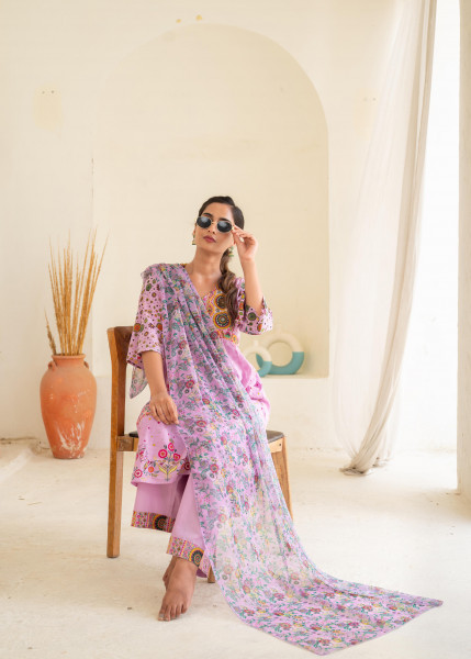 Lavender Floral Print Kurta Pant and Dupatta Set with Sequins, Beads, and Mirror Work
