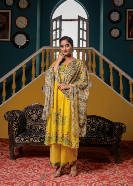 Lemon Floral Print Kurta Pant and Dupatta Set with Sequins, Beads, and Mirror Work