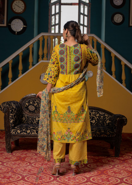Lemon Floral Print Kurta Pant and Dupatta Set with Sequins, Beads, and Mirror Work