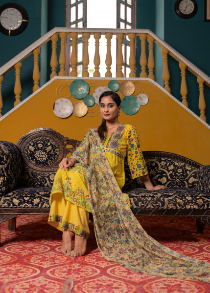 Lemon Floral Print Kurta Pant and Dupatta Set with Sequins, Beads, and Mirror Work