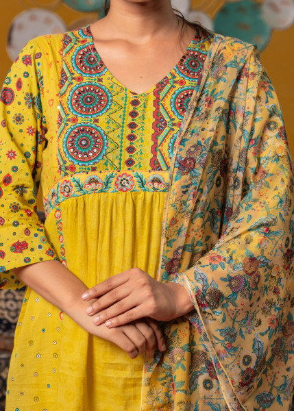 Lemon Floral Print Kurta Pant and Dupatta Set with Sequins, Beads, and Mirror Work