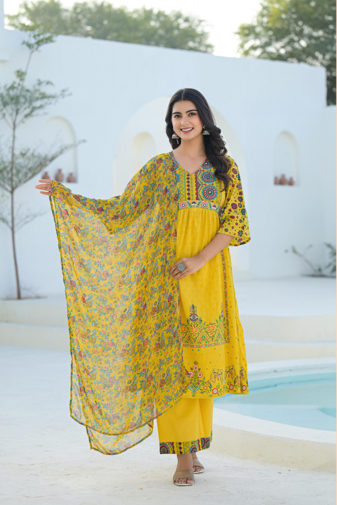 Mustard Floral Printed Cotton Kurta Pant And Dupatta Set With Sequins &amp; Beads