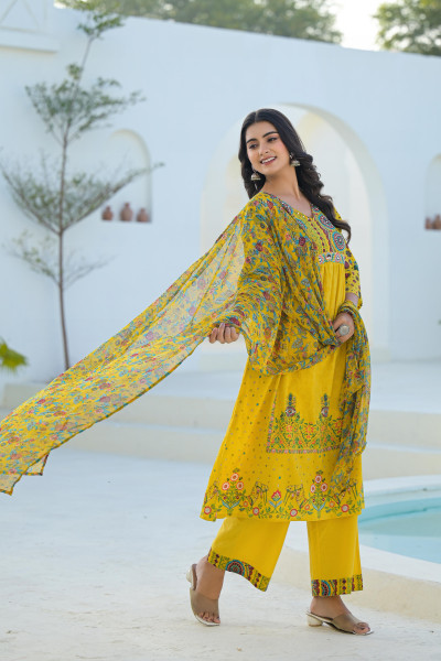 Mustard Floral Printed Cotton Kurta Pant And Dupatta Set With Sequins & Beads