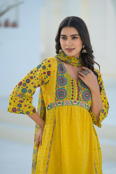 Mustard Floral Printed Cotton Kurta Pant And Dupatta Set With Sequins & Beads
