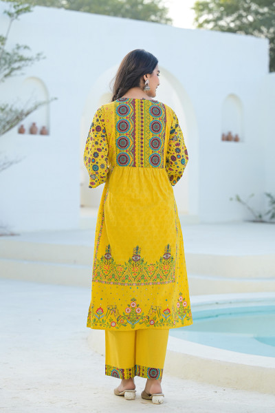 Mustard Floral Printed Cotton Kurta Pant And Dupatta Set With Sequins & Beads