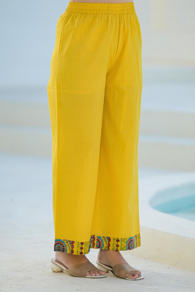 Mustard Floral Printed Cotton Kurta Pant And Dupatta Set With Sequins & Beads