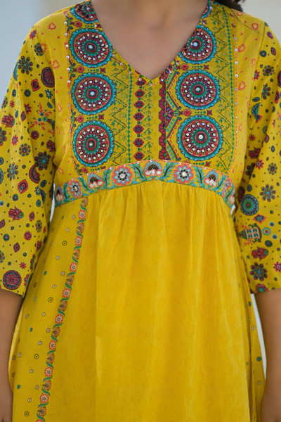 Mustard Floral Printed Cotton Kurta Pant And Dupatta Set With Sequins & Beads