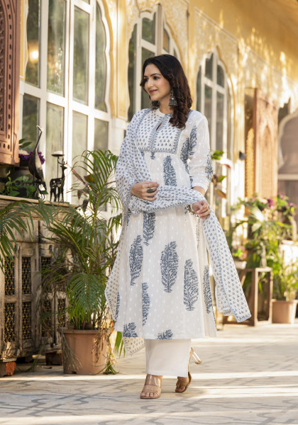 White Floral Printed Cotton A-line Kurta Pant And Dupatta Set