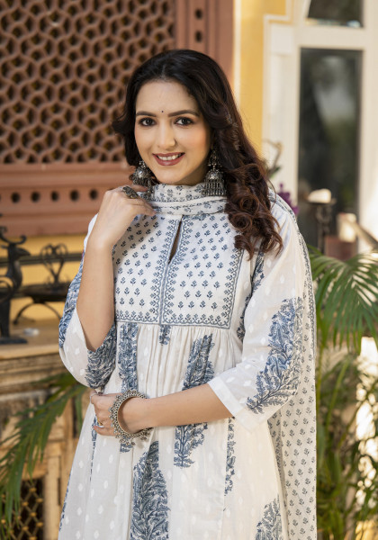 White Floral Printed Cotton A-line Kurta Pant And Dupatta Set