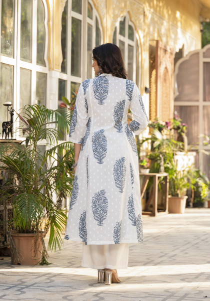 White Floral Printed Cotton A-line Kurta Pant And Dupatta Set