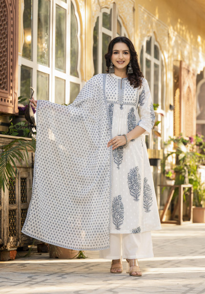 White Floral Printed Cotton A-line Kurta Pant And Dupatta Set