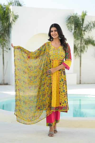 Mustard Floral Printed Cotton Kurta Pant And Dupatta Set With Thread & Mirror Work
