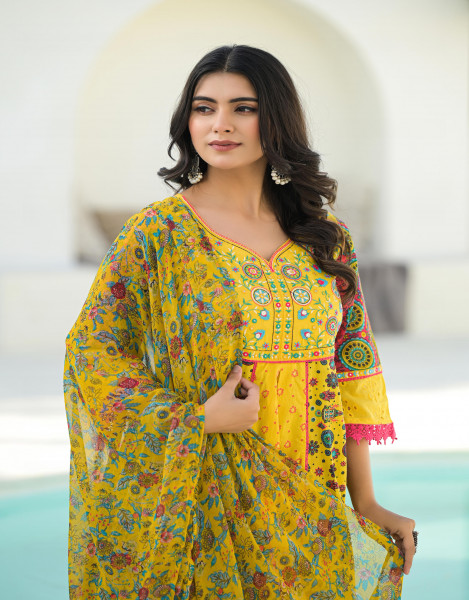 Mustard Floral Printed Cotton Kurta Pant And Dupatta Set With Thread & Mirror Work