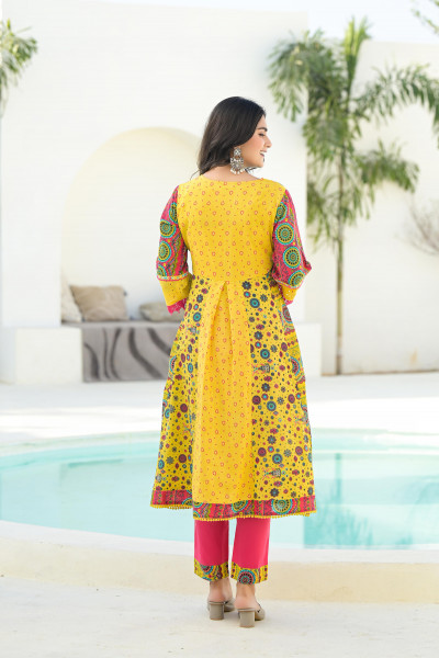 Mustard Floral Printed Cotton Kurta Pant And Dupatta Set With Thread & Mirror Work