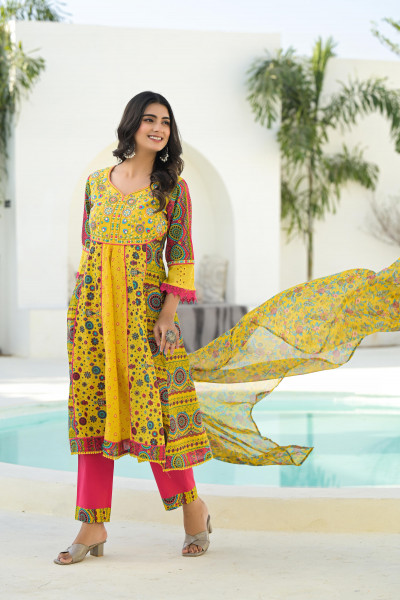 Mustard Floral Printed Cotton Kurta Pant And Dupatta Set With Thread & Mirror Work