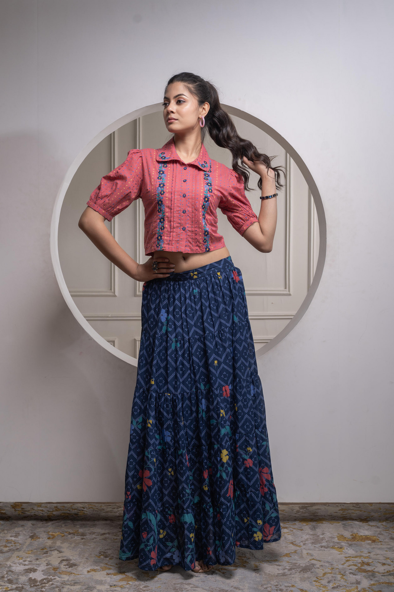 Indigo Cotton Embroidered Top & Printed Skirt Set with Zig Zag Motifs
