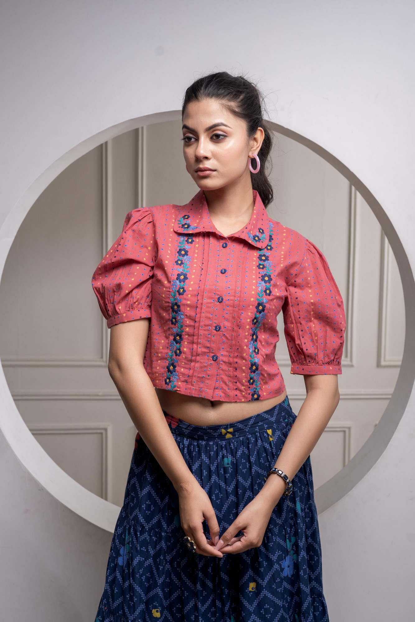 Indigo Cotton Embroidered Top & Printed Skirt Set with Zig Zag Motifs
