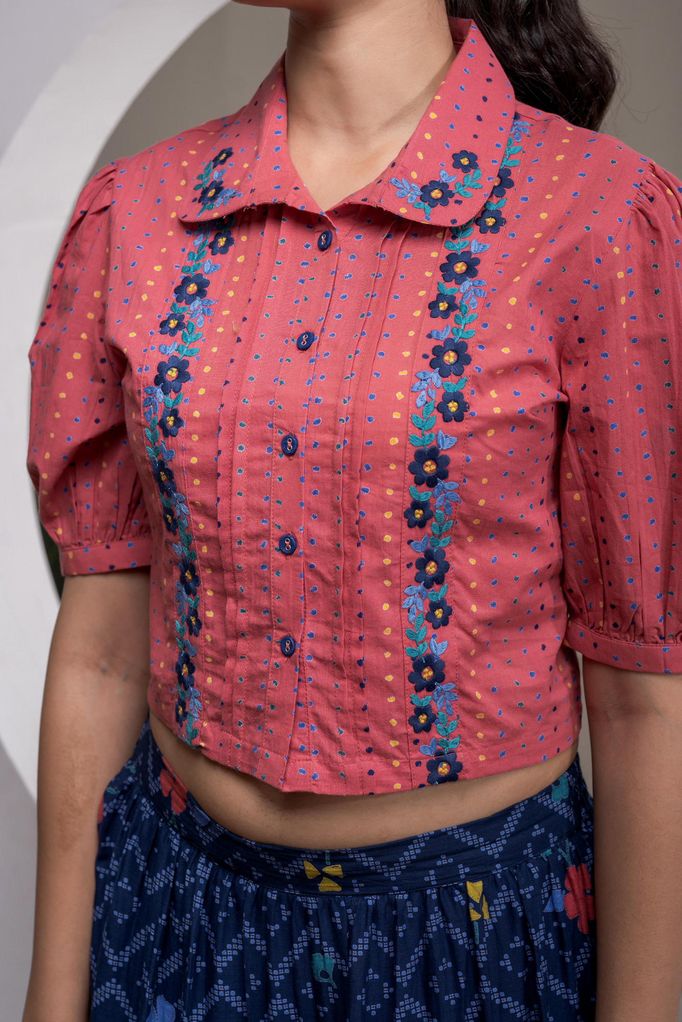 Indigo Cotton Embroidered Top & Printed Skirt Set with Zig Zag Motifs