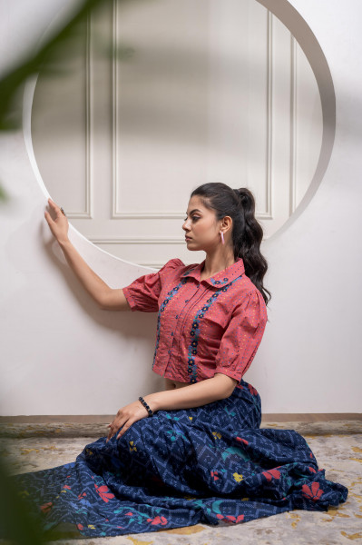 Indigo Cotton Embroidered Top & Printed Skirt Set with Zig Zag Motifs