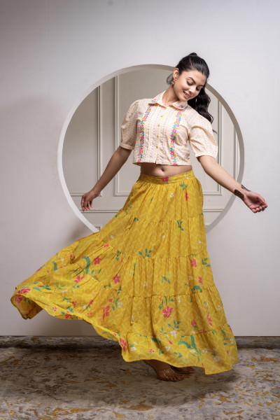 Mustard Cotton Embroidered Top & Printed Skirt Set with Zig Zag Motifs