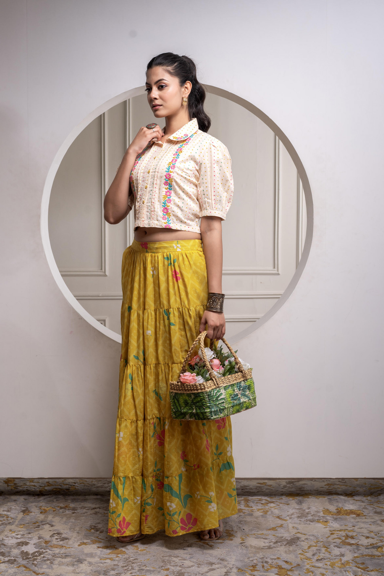 Mustard Cotton Embroidered Top & Printed Skirt Set with Zig Zag Motifs