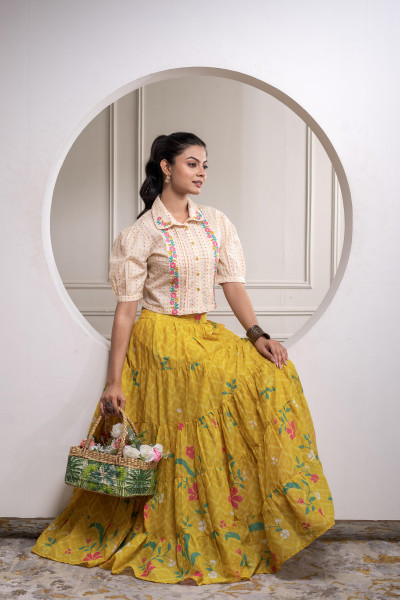 Mustard Cotton Embroidered Top & Printed Skirt Set with Zig Zag Motifs