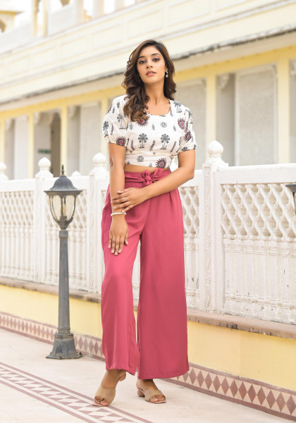 Ivory & Pink Solid Cotton Co-Ord Set With Thread Work