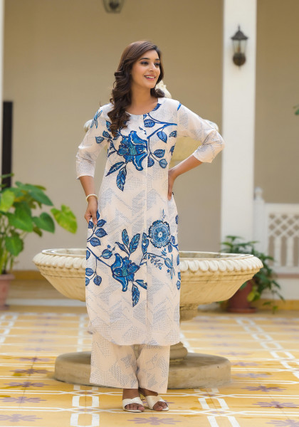 White & Blue Floral Printed Viscose Kurta & Pant Set With Button Closure