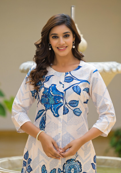 White & Blue Floral Printed Viscose Kurta & Pant Set With Button Closure