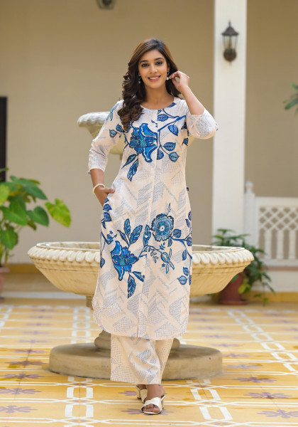 White & Blue Floral Printed Viscose Kurta & Pant Set With Button Closure