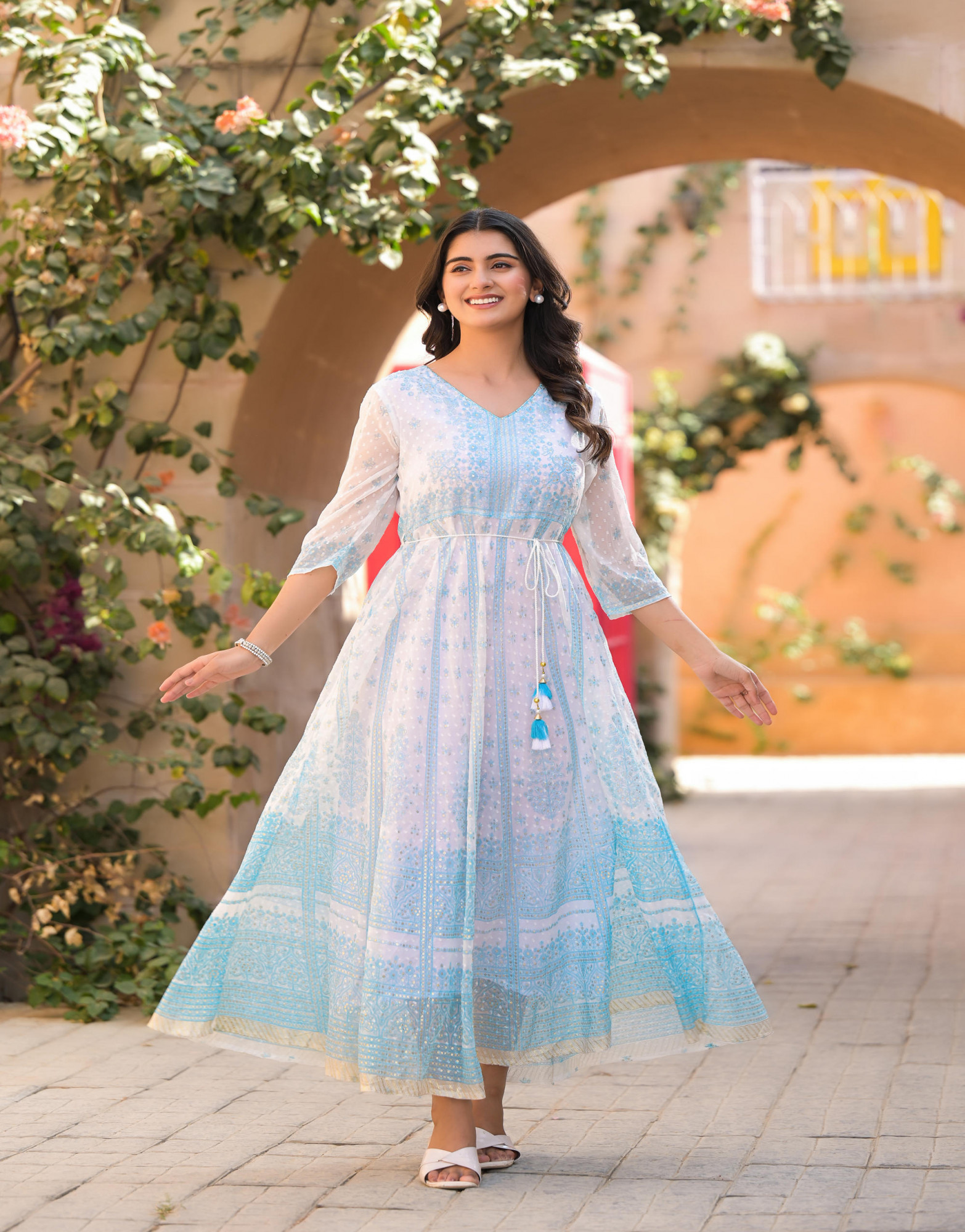 ethnic chiffon dress Women Floral Embroidery Chiffon Mesh Dress Chinese Ethnic Ruffle Loose Long
