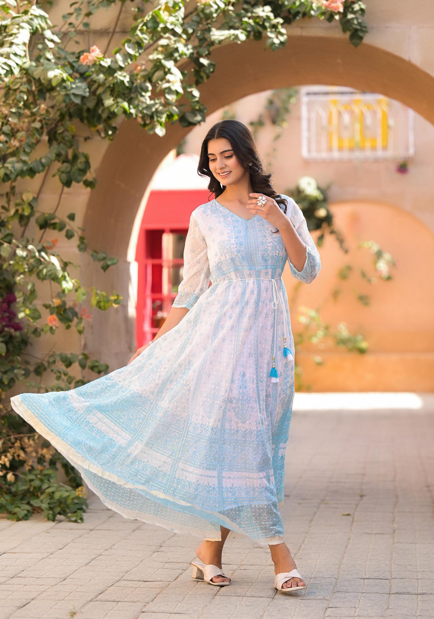 ethnic blue dress Powder Blue Ethnic Motif Printed Chiffon Long Dress With Dori