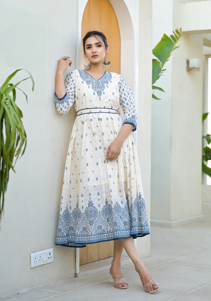 Ivory  Ethnic Motif Cotton Long dress With Belt &amp; Lace Detail